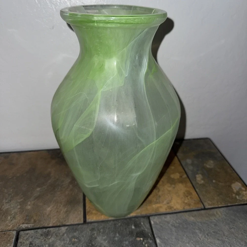 Opaque Light Green Flower Panel Glass Vase Marbled Style White Swirl  12in High